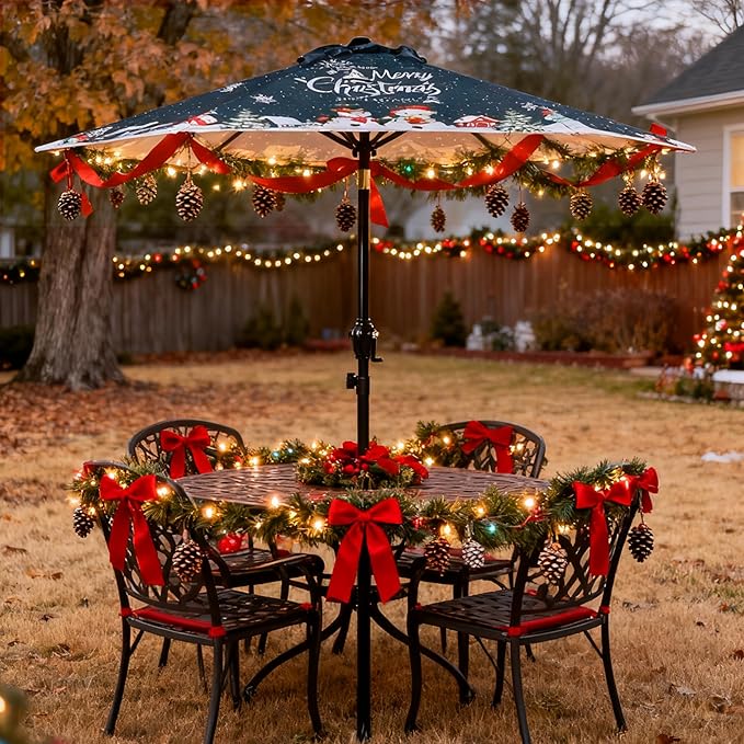 7.5FT Christmas Patio Umbrella, Outdoor Table Umbrella with Push Button Tilt and Crank, Market Umbrella with 6 Steel Ribs, Dark Teal