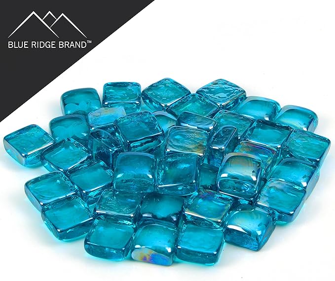Reflective Fire Pit Glass Cubes - Professional Grade Fire Glass for Fire Pit - 1" Firepit Glass Rock - Glass Stones - Gas & Propane Fire Pit & Fireplace Glass (20 Pound, Aqua)