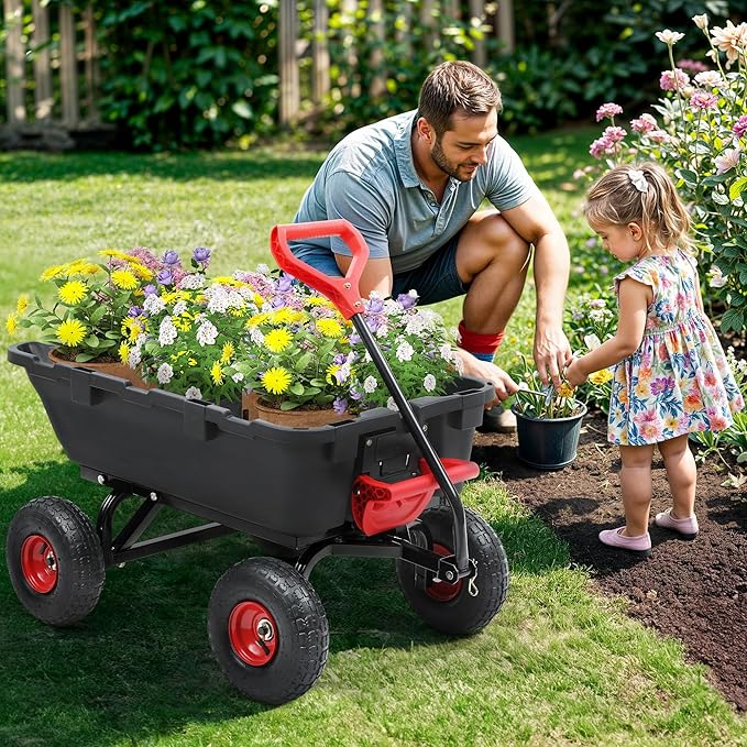 800lbs Garden Dump Cart, Heavy Duty Yard Dump Wagon with 10" Pneumatic Tires, Utility Wheelbarrow cart for Yard, Farm and Garden Christmas Hauling