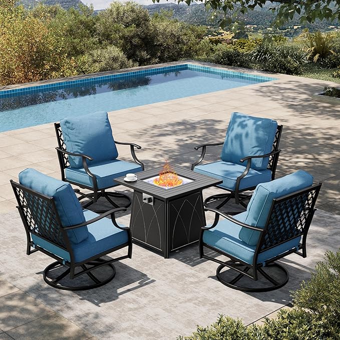 HERA'S HOUSE 5 Pieces Fire Pit Patio Furniture Set, 4 x Thick Cushioned Swivel Chairs with 28" Fire Pit Table (50,000 BTU), Outdoor Conversation Set for Garden Backyard Lawn, Navy Blue