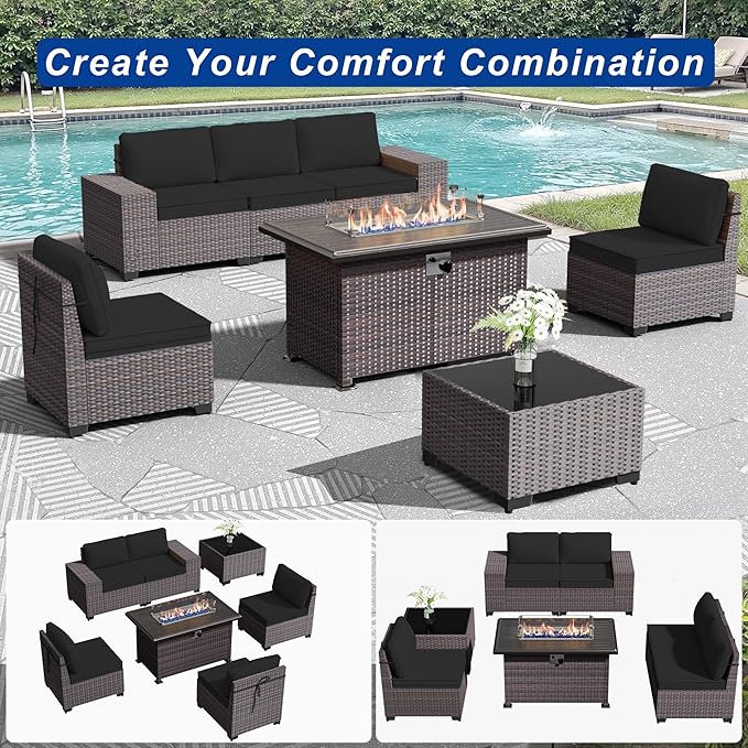 Outdoor Patio Furniture Set with Fire Pit Table, 7 Pieces Patio Furniture Set Outdoor Sectional Sofa w/43in Propane Fire Pit, PE Wicker Rattan Patio Conversation Sets - Black