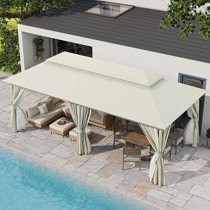 LAUSAINT HOME Outdoor Patio Gazebo 10'x20' with Expansion Bolts, Heavy Duty Party Tent & Shelter with Double Roofs, Mosquito Nettings and Privacy Screens for Backyard (Cream White)