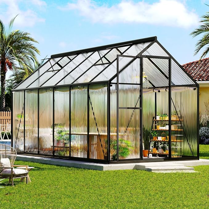 AMERLIFE 6x12 Ft Polycarbonate Greenhouse for Outdoors, Walk-in Design with Aluminum Frame, 2 Windows and Swing Door, Heavy-Duty Greenhouse Construction for Garden, Black