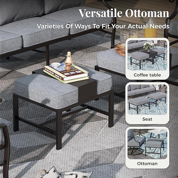 Patio Furniture Set, 6 Pcs Metal Outdoor Conversation Set, 2 Swivel Chairs, 2 Ottomans and 3 Seater Sofa with 5.75" Extra Thick Cushion and Gas Fire Pit Table, Grey