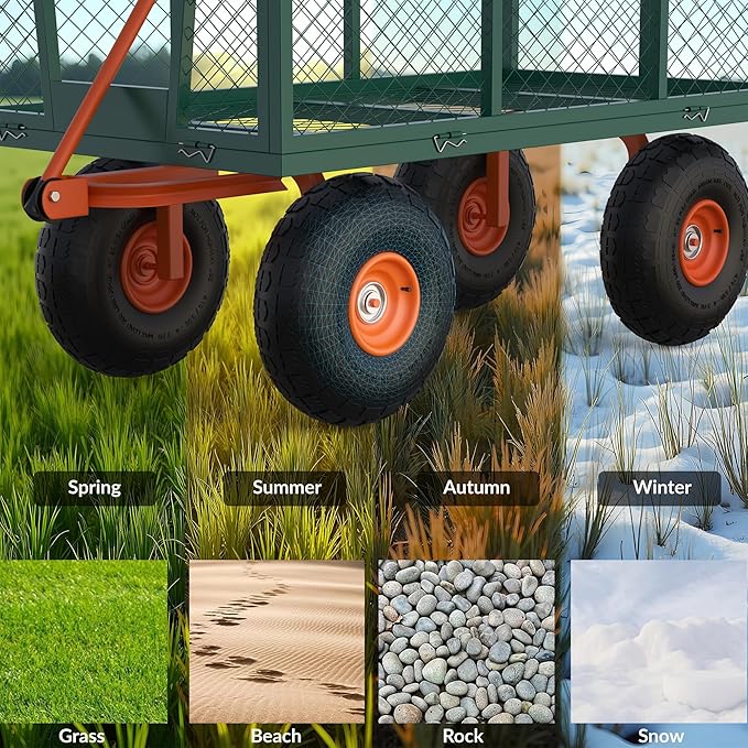 Versatile Garden Cart for Lawn and Yard with Heavy Duty Steel, 1400 Lbs Capacity Mesh Steel Garden Cart Folding Utility Wagon with Removable Side Panels, Long Handle, 10" Tires - Green and Orange