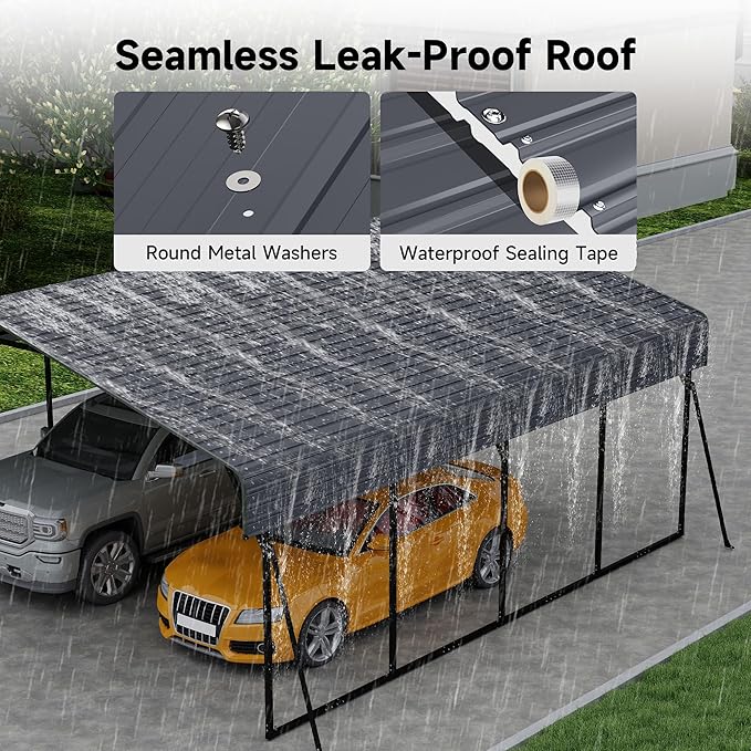 20x20FT Heavy Duty Metal Carport with Galvanized Steel Roof and Frame, Multi-Use Large Outdoor Garage Shelter with 4 Reinforced Supports for 2 Car,SUV,Truck Storage,Gray