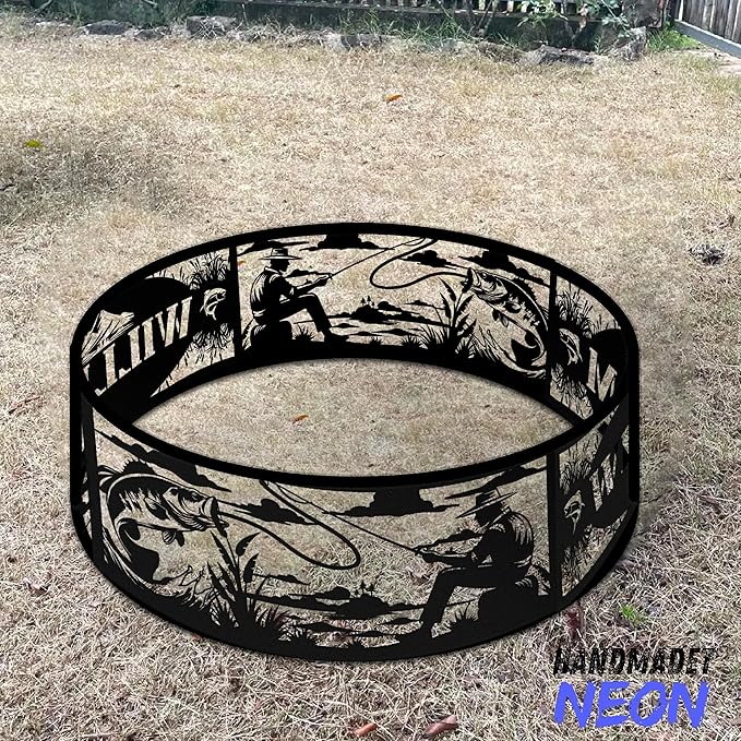 Personalized Fire Pit Ring Fishing Custom Name Cutout Metal Campfire Ring Stove 360 Degree Firepit Outdoor BBQs Backyard Camping Garden Decor Gifts for Father Dads Fishermen