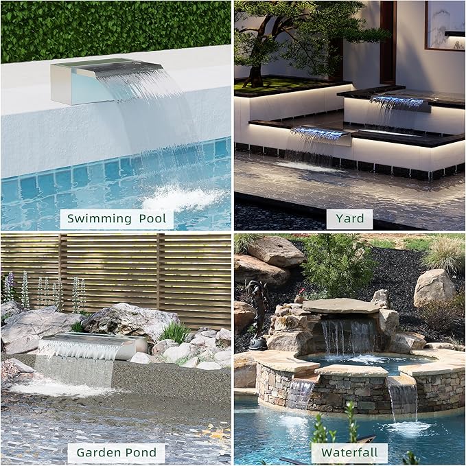 LONGRUN Stainless Steel Waterfall Spillway, APP Control Multi-Color LED Light Outdoor Pool Fountain, Water Spillway Koi Pond Waterfalls Fountains Kit for Garden Patio Swimming Pool Decoration-23.6"