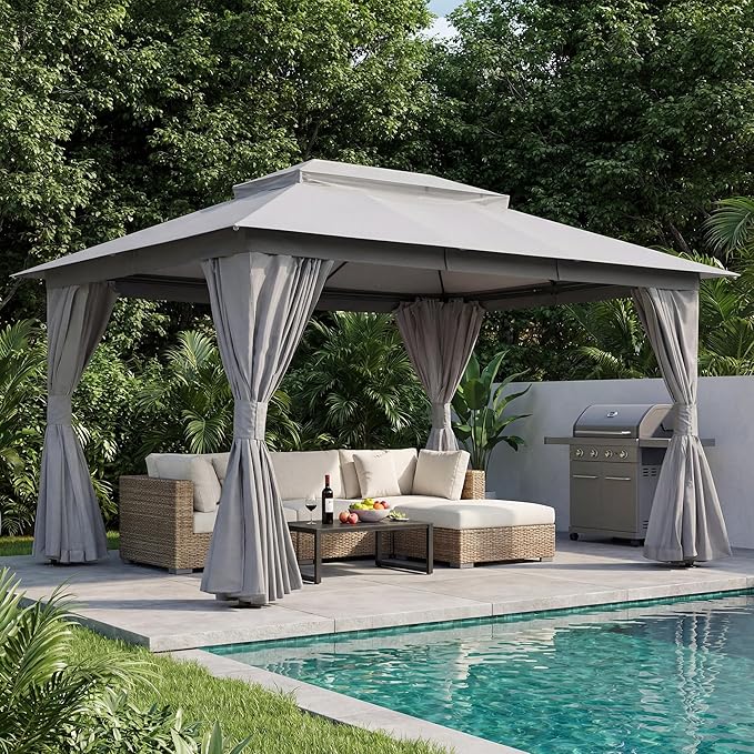 LAUSAINT HOME Outdoor Patio Gazebo 10'x13' with Expansion Bolts, Heavy Duty Party Tent & Shelter with Double Roofs, Mosquito Nettings and Privacy Screens for Backyard (Grey)