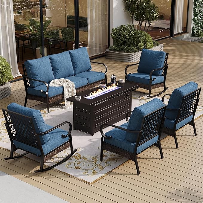 SUNSHINE VALLEY 6 Piece Black Metal Outdoor Patio Furniture Sets with Firepit Table, Patio Conversation Set 1 3-Seater Sofa, 2 Leg Sofa and 2 Rocking Chair with 5.75" Cushion for Backyard Deck, Blue-2