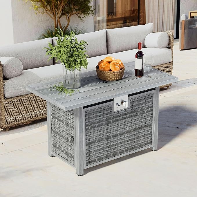 Dineli 43-Inch Rectangular Propane Fire Pit Firepits for Outside Patio Fire Pit Table, Gas Fire Pits with Adjustable Feet, Tabletop Fire Pits for Backyard Deck Balcony, 50,000 BTU, Light Gray