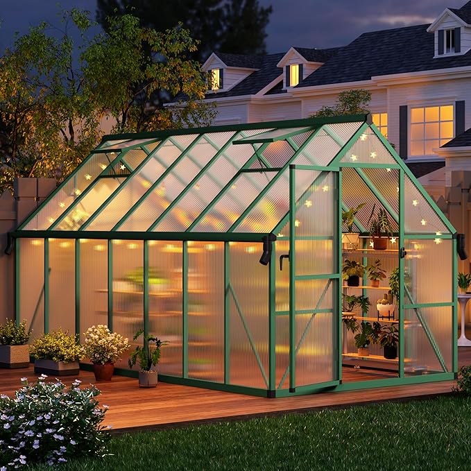 8x14 FT Outdoor Greenhouse, Polycarbonate Greenhouse with Roof Vent and Ground Nails, Aluminum Large Walk-in Green House w/Lockable Push Door for Outside Garden Backyard (Green, 8x14 FT)