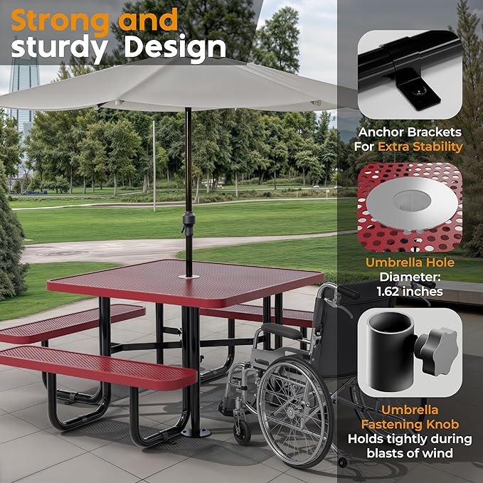 Metal Picnic Tables for Outdoors with Umbrella Hole - Coated Steel Heavy Duty Commercial Grade Furniture with Adjustable Seats (Red, 46 in, Square, Punched Steel)