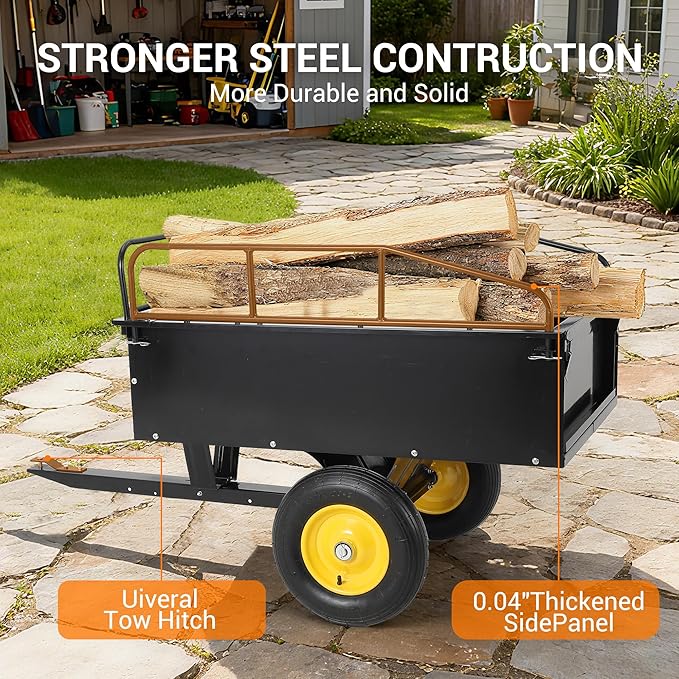 Heavy Duty ATV Dump Cart - Steel Tow Behind Trailer, 750 lbs, 15 Cubic Feet Garden Utility with Removable Sides