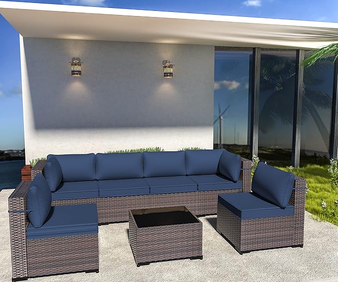 Outdoor Patio Furniture Set, 7 Pieces Outdoor Sectional Furniture Patio Sofa, All-Weather PE Rattan Patio Conversation Set with Tempered Glass Top Table & Cushions(Navy Blue).