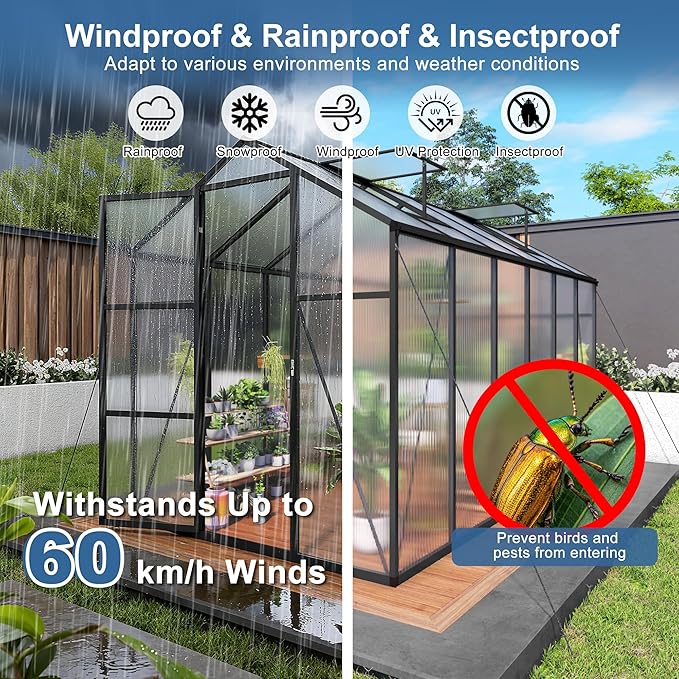 KEIKI 6x12 FT Polycarbonate Greenhouse for Outdoors, Durable Aluminum Walk-in Greenhouse with Gutter Drainage & Tall Growing Space for Plants, Black