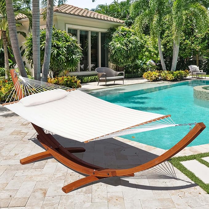 Lazy Daze Hammocks 12 FT Sunbrella Quilted Hammock Double Hammock with Hardwood Spreader Bar, for Patio Outdoor Outside All Weather, 450 lbs Capacity, Cream