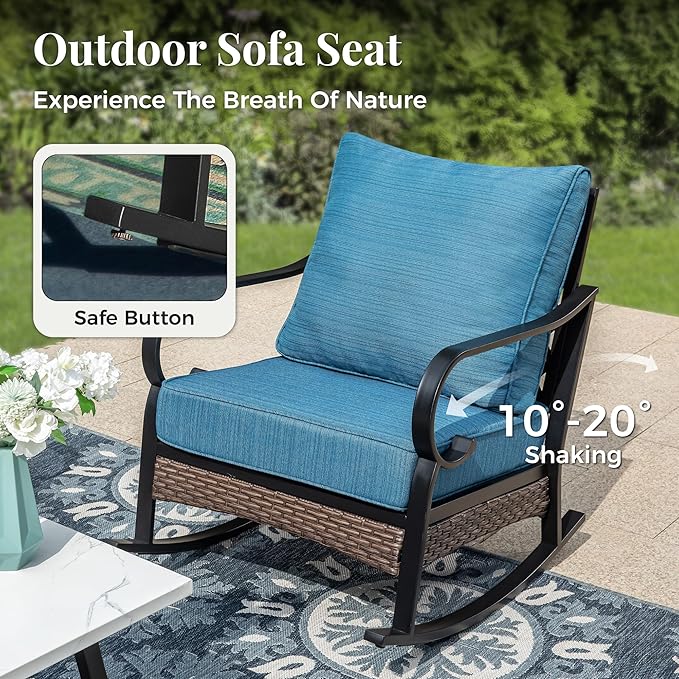 Patio Furniture Set with Coffee Table, Outdoor Conversation Set with 2 x Rocking Chairs, 1 x 3-Seat Sofa for Lawn Garden Backyard, Pacific Blue