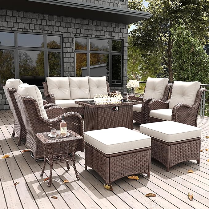 LayinSun 10 Pieces Outdoor Patio Furniture Set with Fire Pit Table, Rattan Wicker Sectional Swivel Rocker Chairs Sets with Ottomans, Swivel Glider Chair, Single Chairs and Coffee Table