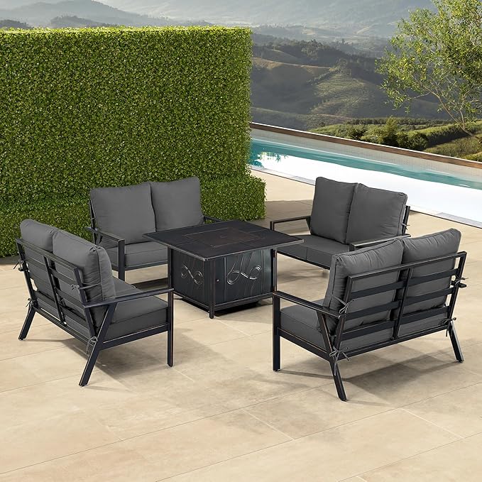 Oakland Living Black Aluminum Patio Fire Table Set with Four Deep Seating Loveseats with Cushions with Black Cushions