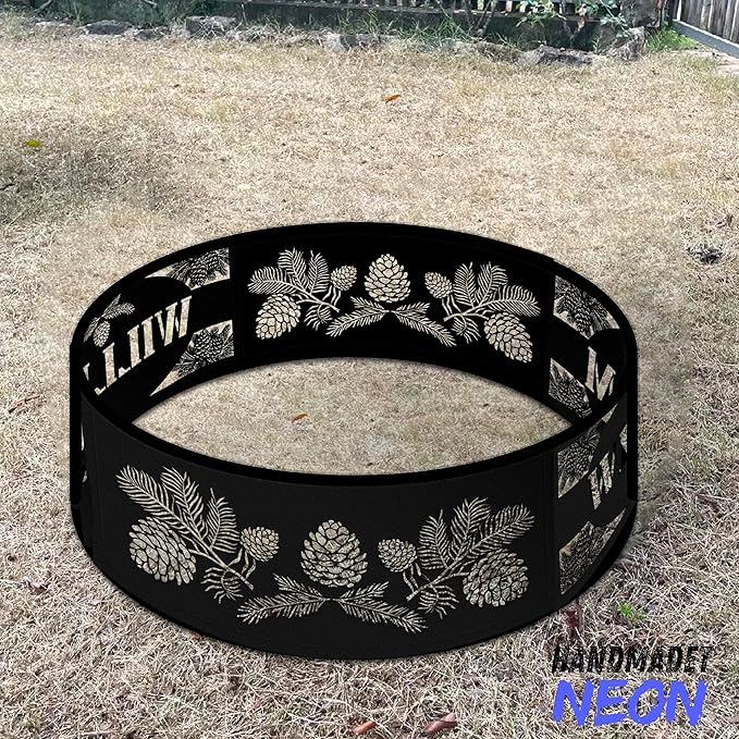 Personalized Fire Pit Ring Pine Bough Custom Name Rustic Metal Campfire Ring 360 Degree Fire Pit Outdoor BBQs Backyard Camping Garden Decor for Father Dads