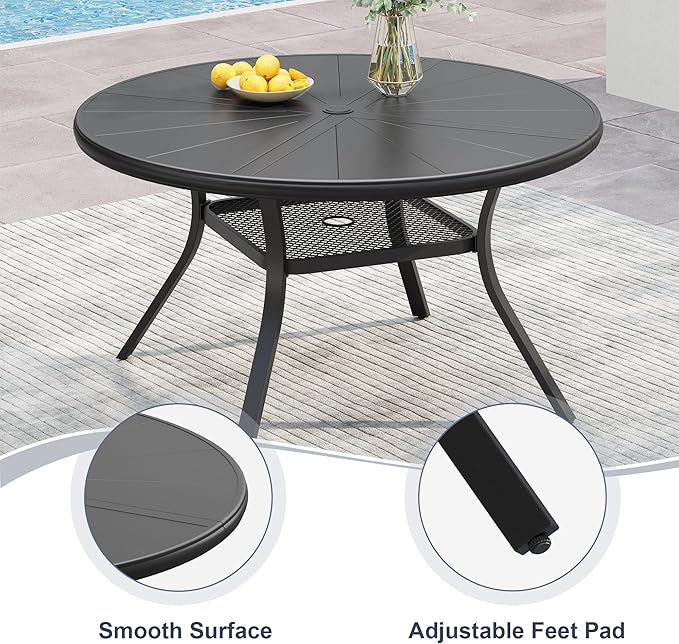 VICLLAX Round Patio Dining Table, 4 Person Aluminum Outdoor Dining Table with Umbrella Hole and Storage Shelf for Garden Lawn Deck, 40.6" Black