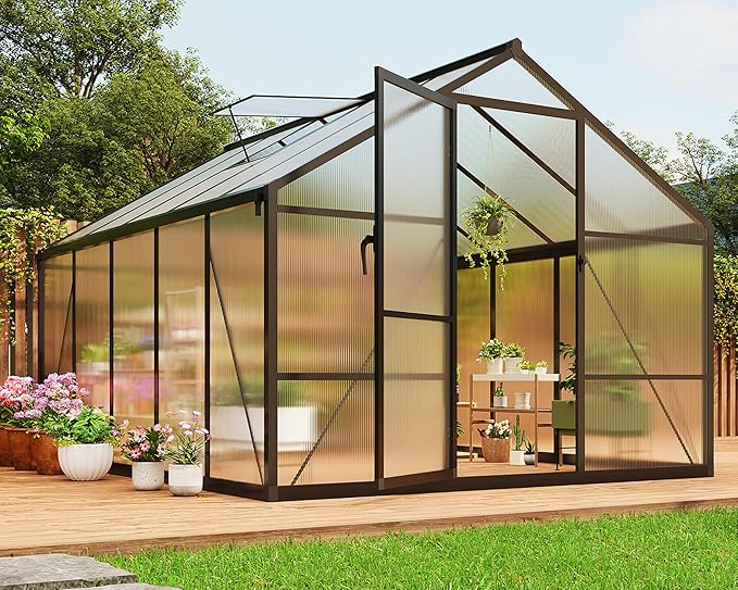 8x10 FT Greenhouse, Polycarbonate Walk-in Greenhouse for Outdoors with Roof Vent & Lockable Outward-Opening Swing Door, Heavy-Duty Aluminum Green House for Garden, Backyard, Patio, Lawn, Dark Grey