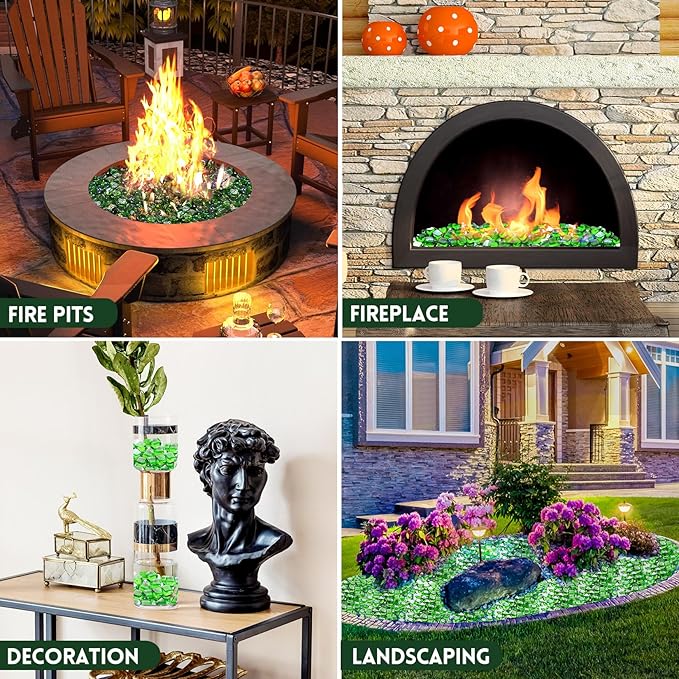 GasSaf Green Fire Glass Cubes for Outdoor Fire Pit, Fireplace, Replaces Existing Gas Logs & Lava Rocks, 1 Inch Glass(20 Pound)(Green Luster)