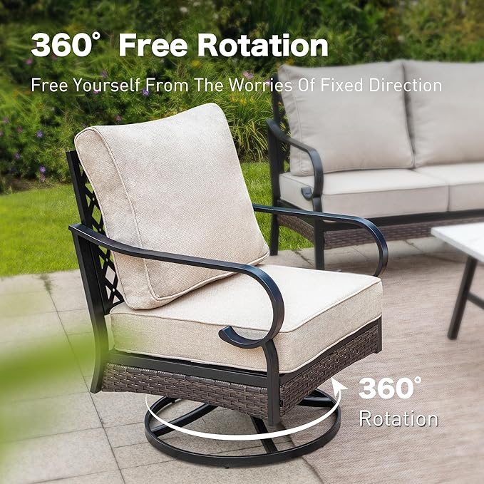 SUNSHINE VALLEY 4 PCS Metal Outdoor Patio Furniture Set, Patio Conversation Sets 1 3-Seater Sofa, 2 Swivel Chairs with 5.75" Extra Thick Cushion & Coffee Table, Black Frame Backyard Furniture, Beige