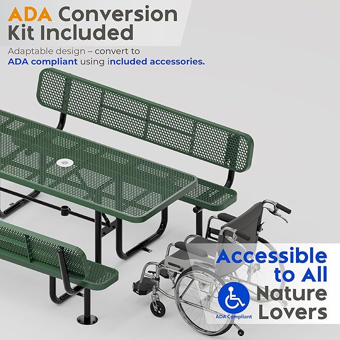 Commercial Heavy-Duty Metal Picnic Table with Backrest - ADA Compliant, Adjustable Seats, Umbrella Hole, Expanded Metal (Green, 6' Rectangular with Back)