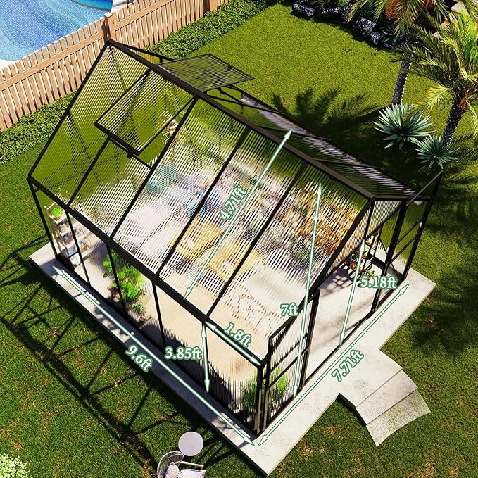 AMERLIFE 6x10x6.3 FT Outdoor Polycarbonate Greenhouse, Walk-in Aluminum Garden Structure with Dual Roof Vents & Swing Door, Heavy-Duty Black Greenhouse