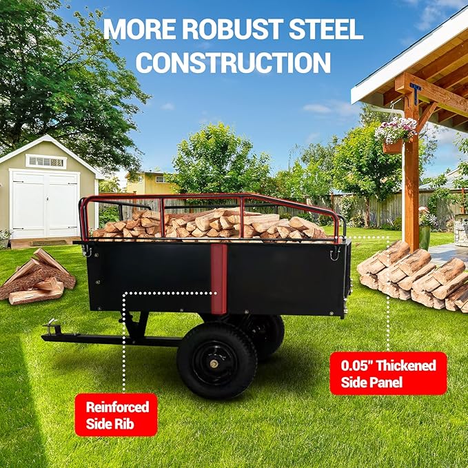 Heavy Duty ATV Trailer Steel Dump Cart, 750 Lbs 15 Cubic Feet Garden Trailer Pull Behind with Removable Sides & All Terrain Tires for Lawn Mower, ATV & Yard Work