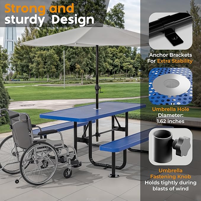 Commercial Heavy-Duty Metal Picnic Table - ADA Compliant, Adjustable Seats, Umbrella Hole (Blue, 6' Rectangular, Punched Steel)