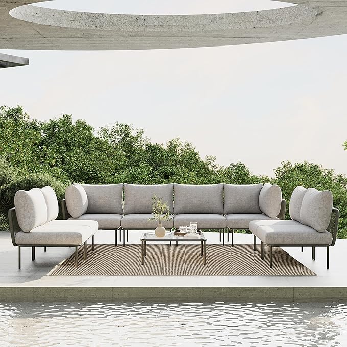 9 Piece Modern Outdoor Rope Wicker Sectional Patio L-Shaped Conversation Sofa Set Deep Seating with Thick Cushions