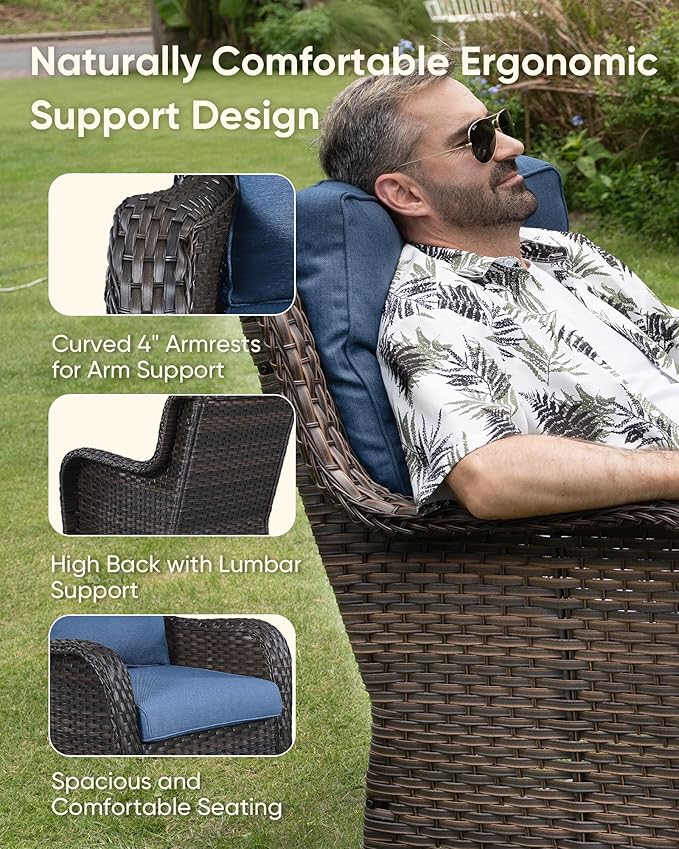 HUMMUH 4-Piece Patio Furniture Set with Fire Pit Table Wicker Outdoor Swivel Rocker Patio Chairs High Back Loveseat Conversation Set for Porch, Backyard, Deck