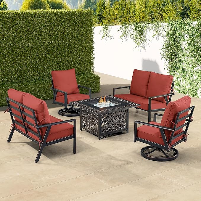 Oakland Living Black Aluminum Patio Fire Table Set with Two Deep Seating Loveseat with Cushions and Two Club Chairs with Red Cushions