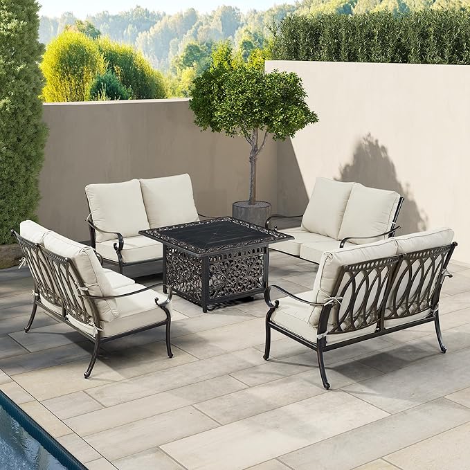 Oakland Living Black Aluminum Patio Fire Table Set with Four Deep Seating Loveseat, Cushions and Wind Blocker