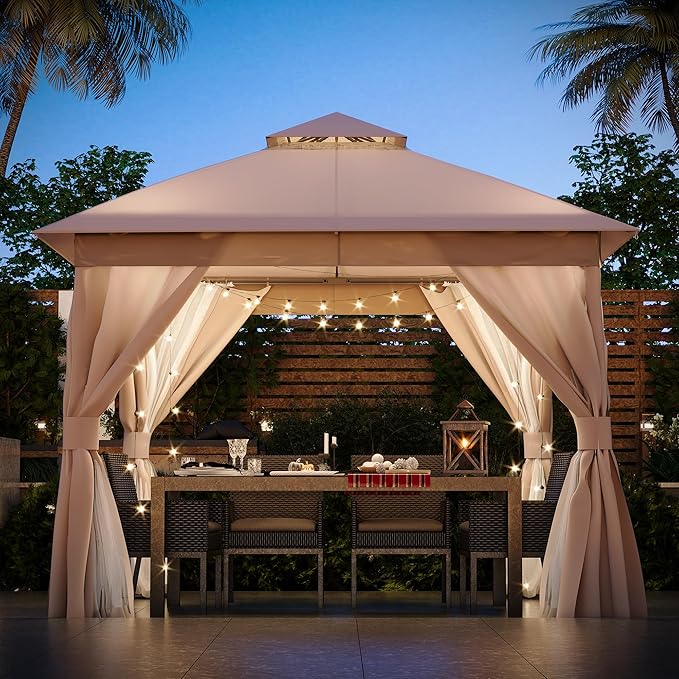 LAUSAINT HOME Outdoor Patio Gazebo 10'x10' with Expansion Bolts, Heavy Duty Party Tent & Shelter with Double Roofs, Mosquito Nettings and Privacy Screens for Backyard (Khaki)