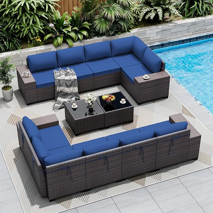 Outdoor Patio Furniture Set, 12 Pieces Outdoor Sectional Furniture High Backrest Patio Set, All-Weather PE Rattan Patio Conversation Set w/Coffee Tables & Cushions-(Dark Blue)
