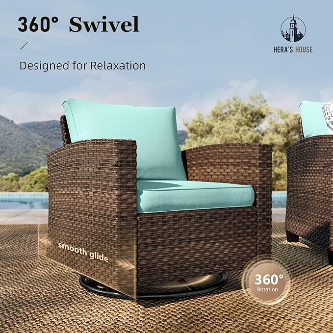 HERA'S HOUSE Patio Furniture Set with Swivel Glide Chairs, 5 Pieces Outdoor Conversation Sofa Sets, Deep Seating Brown Wicker Rattan Furniture Set for Lawn Deck Backyard, Blue