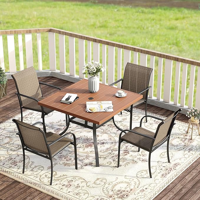 VICLLAX Square Outdoor Patio Table, All Weather Wood Grain Outdoor Dining Furniture, 38.6"x 38.6" Walnut Plastice Tabletop