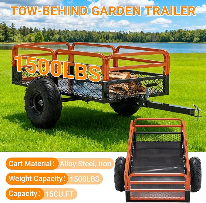 Heavy Duty ATV UTV Trailer Tow Behind Dump Cart, 1500lbs 15 Cubic Feet, Yard Garden Trailer Pull Behind Dump for Lawn Mower Tractor Garden Waste