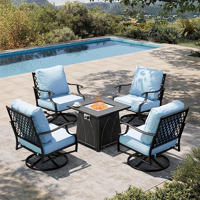 HERA'S HOUSE 5 Pieces Fire Pit Patio Furniture Set, 4 x Thick Cushioned Swivel Chairs with 28" Fire Pit Table (50,000 BTU), Outdoor Conversation Set for Garden, Backyard, Lawn, Blue