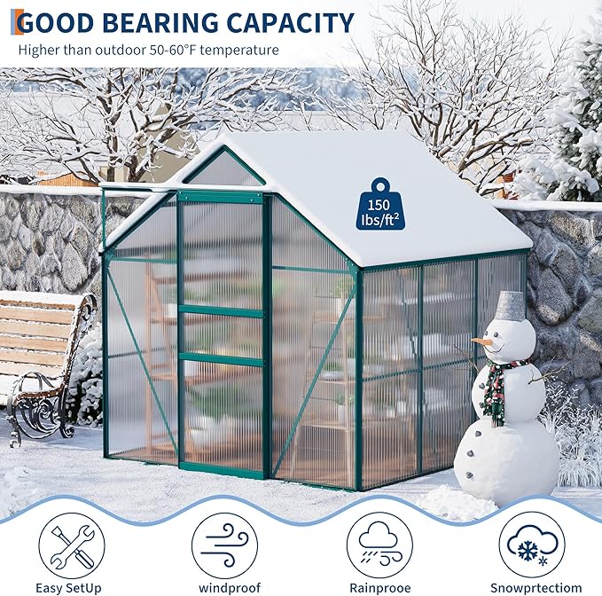 Garvee 6 x 6 FT Outdoor Greenhouse, Polycarbonate Greenhouses with Aluminum Frame, Sliding Door, Adjustable Roof Vent for Backyard, Green Houses for Outside Garden Backyard, Patio, Green