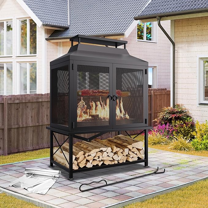 2-in-1 Metal Chiminea Fireplace with Grill,Wood Burning Outdoor Fireplace with Wood Storage, Chimney,Metal Mesh Spark Screen,and Fire Tongs Ideal for Yards,Patios, Gardens,Camping,and Picnics