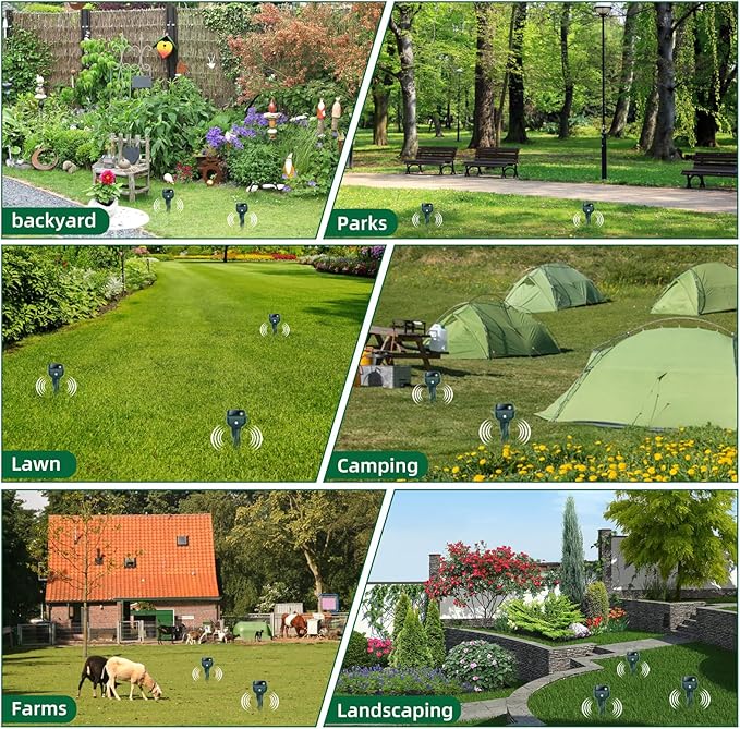 Mole Repellent Solar Powered, 4 Pack Snake & Skunk Repellent for Yard, IP 65 Waterproof Ultrasonic Deterrent Stakes, Get Rid for Rabbit, Gopher, Vole, Chipmunk, Deer, Groundhog for Lawns Garden