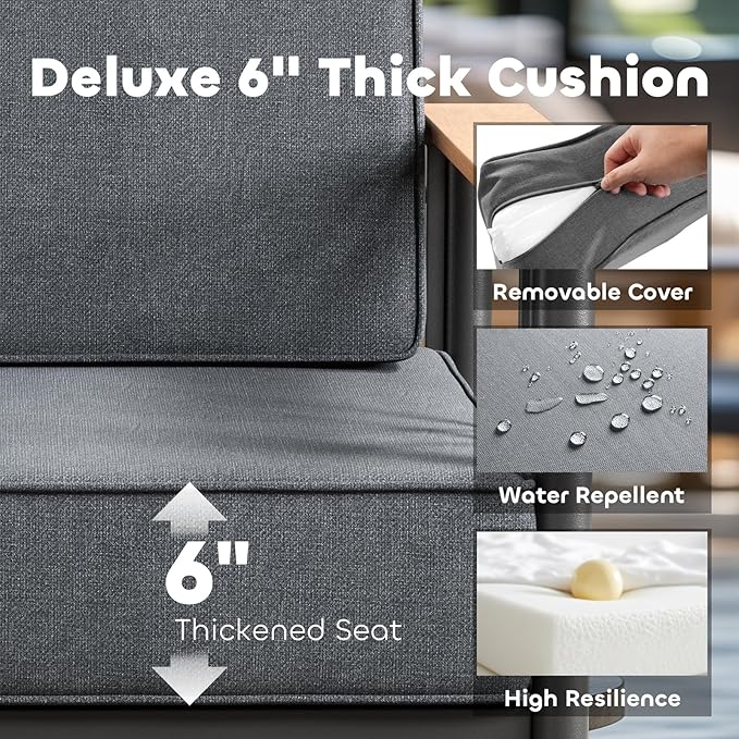 Luxury Outdoor Furniture Set with Swivel Chairs, 7 PCS Patio Furniture Set with 6" Extra Thick Cushions, Suitable for Porch, Balcony, Deck, Patio, Yard, Poolside, Black/Grey