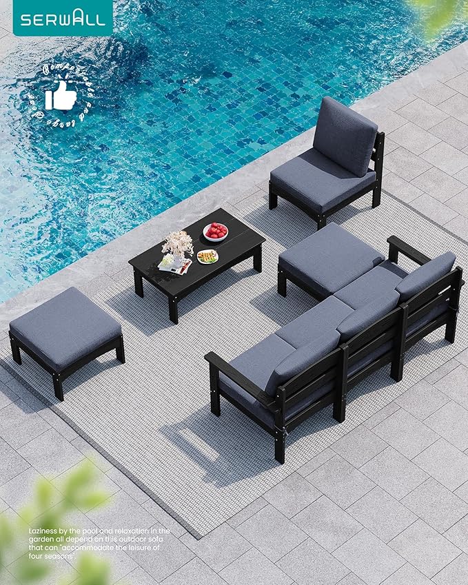 SERWALL 3 Pieces Patio Conversation Set, All-Weather HDPE Outdoor Sofas with Cushions and Coffee Table, Modular Sectional Furniture for Deck, Garden, Backyard, Black Frame with Grey Cushion