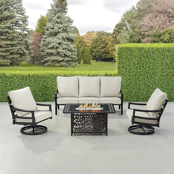 Oakland Living Black Aluminum Patio Fire Table Set with Deep Seating Sofa with Cushions and Two Club Chairs with Light Grey Cushions