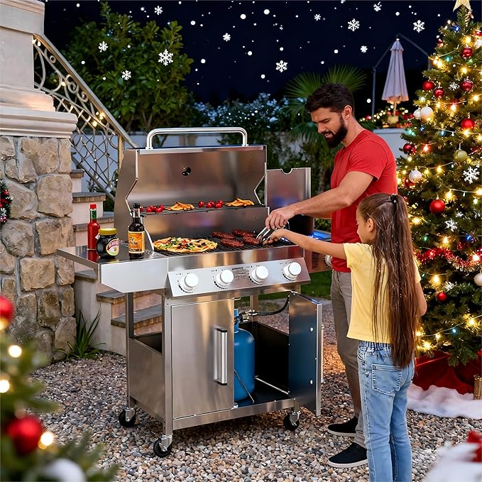 SKOK 4-Burner Propane Gas BBQ Grill with Side Burner & Porcelain-Enameled Grilling Grates,Stainless Steel Grill with 544 Sq. In. Grilling Area for Outdoor Cooking,58,000 BTU Output
